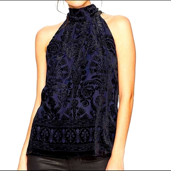 MAX STUDIO Devore Velvet Burnout Midnight Blue Tie Back Top - Picture 1 of 7